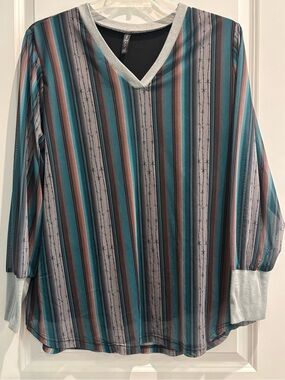Two Fly 2X Western Serape V-Neck Top Turquoise Stripe Boutique Blouse